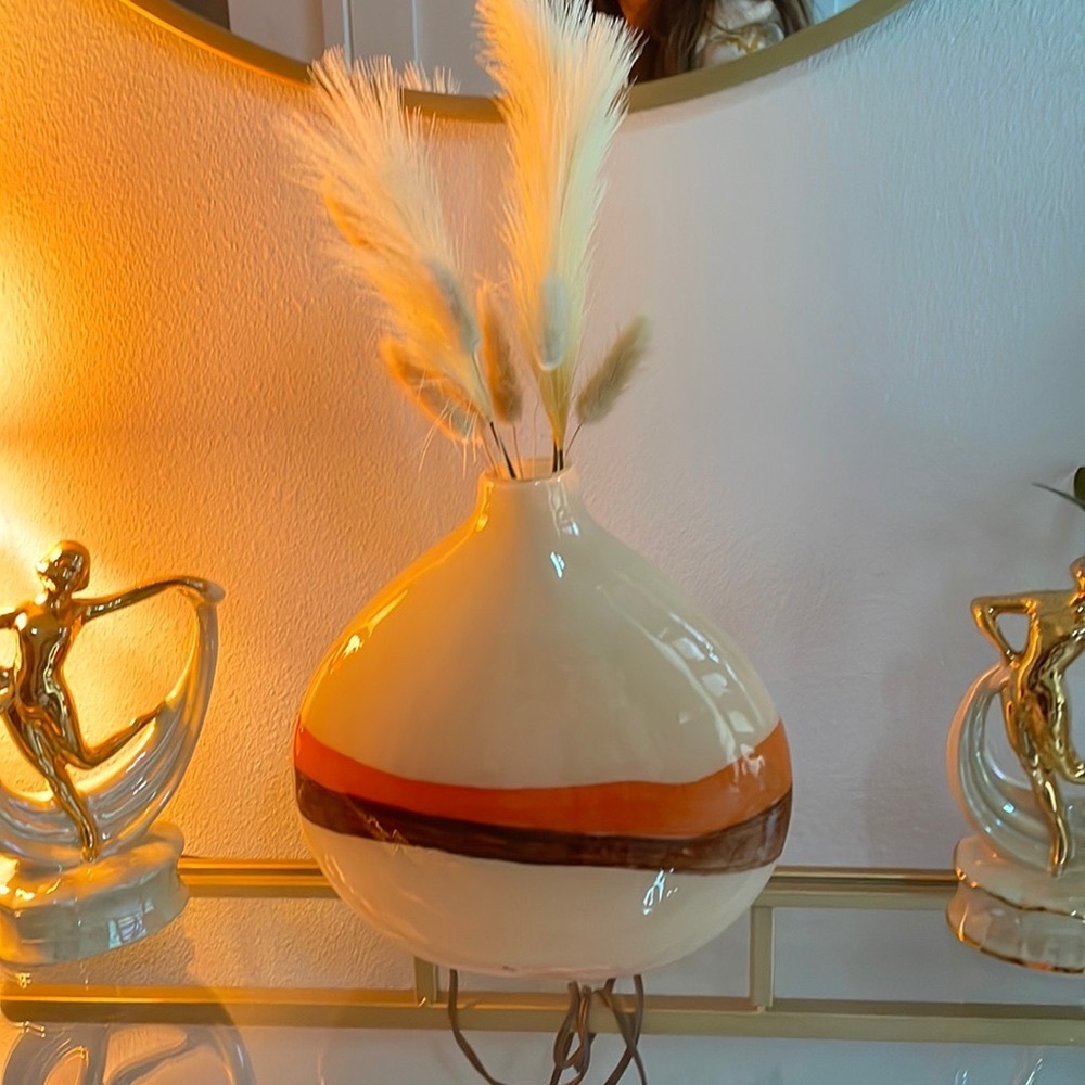 ***SOLD*******Pier 1 Imports Flat Bottle Glass Vase w/ Orange & Brown Stripes